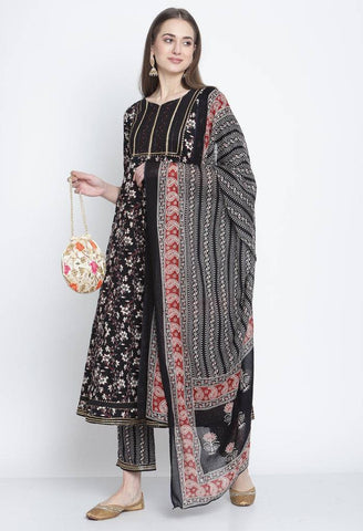 Black Pure Cambric Cotton Printed Kurta Set With Dupatta