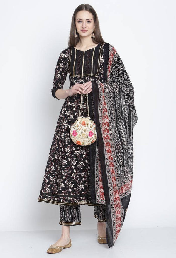 Black Pure Cambric Cotton Printed Kurta Set With Dupatta