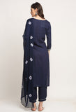 Navy Blue Pure Cambric Cotton Embroidered Kurta Set With Dupatta