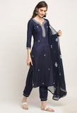 Navy Blue Pure Cambric Cotton Embroidered Kurta Set With Dupatta