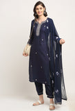 Navy Blue Pure Cambric Cotton Embroidered Kurta Set With Dupatta