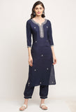 Navy Blue Pure Cambric Cotton Embroidered Kurta Set With Dupatta