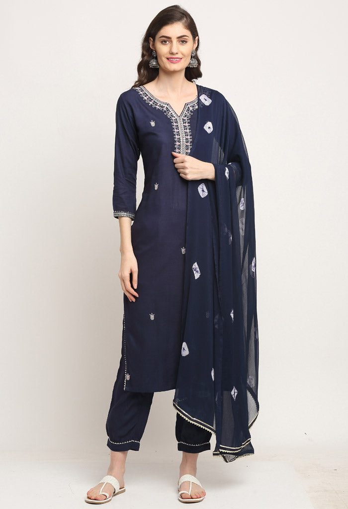 Navy Blue Pure Cambric Cotton Embroidered Kurta Set With Dupatta