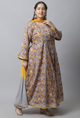 Pure Cambric Cotton Printed Plus Size Kurta Set With Dupatta