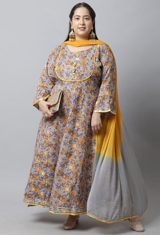 Pure Cambric Cotton Printed Plus Size Kurta Set With Dupatta