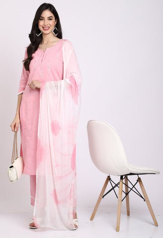 Pink Pure Cambric Cotton Embroidered Kurta Set With Dupatta