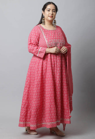 Pure Cambric Cotton Embroidered Plus Size Kurta Set With Dupatta