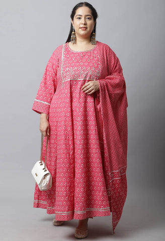 Pure Cambric Cotton Embroidered Plus Size Kurta Set With Dupatta