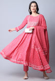 Pink & White Pure Cambric Cotton Floral Embroidered Kurta Set With Dupatta