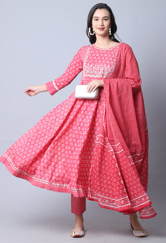 Pink & White Pure Cambric Cotton Floral Embroidered Kurta Set With Dupatta