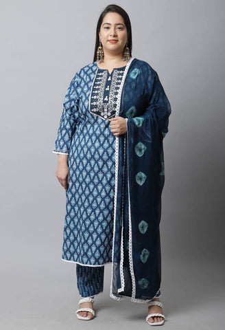 Pure Cambric Cotton Embroidered Plus Size Kurta Set With Dupatta