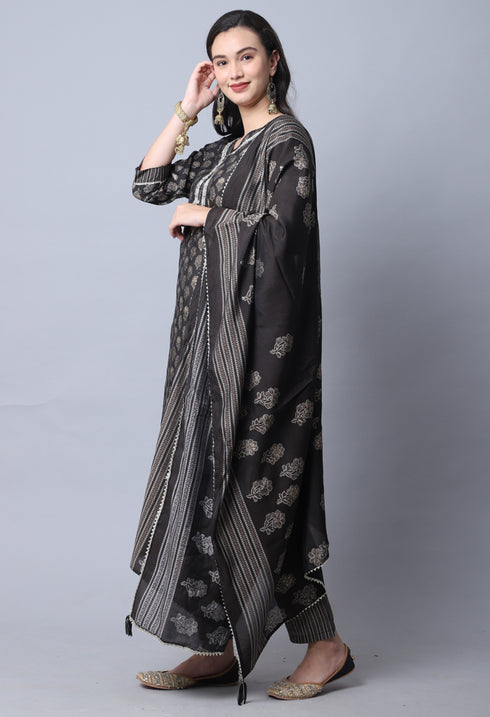 Grey  Muslin Jaipuri Embroidered Kurta Set With Dupatta