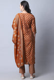 Orange Muslin Jaipuri Embroidered Kurta Set With Dupatta