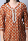 Orange Muslin Jaipuri Embroidered Kurta Set With Dupatta