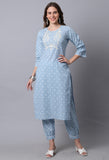 Pure Cambric Cotton Jaipuri Printed & Embroidered Kurta Set With Dupatta