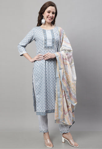 Pure Cotton Jaipuri Printed Kurta Set With Dupatta