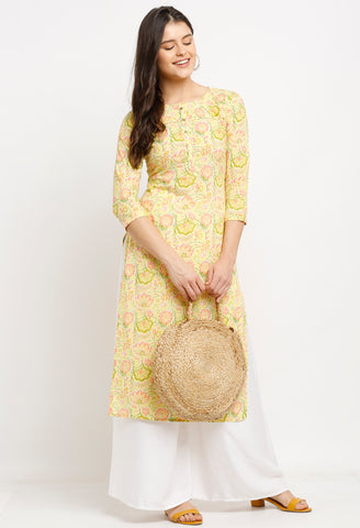 Yellow Pure Cambric Cotton Jaipuri Printed Kurti