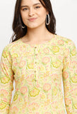 Yellow Pure Cambric Cotton Jaipuri Printed Kurti