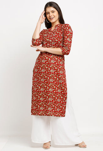 Maroon Pure Cambric Cotton Jaipuri Printed Kurti