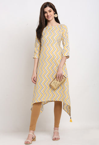 Off-White And Yellow Pure Cambric Cotton Jaipuri Printed Kurti