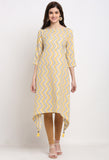 Off-White And Yellow Pure Cambric Cotton Jaipuri Printed Kurti