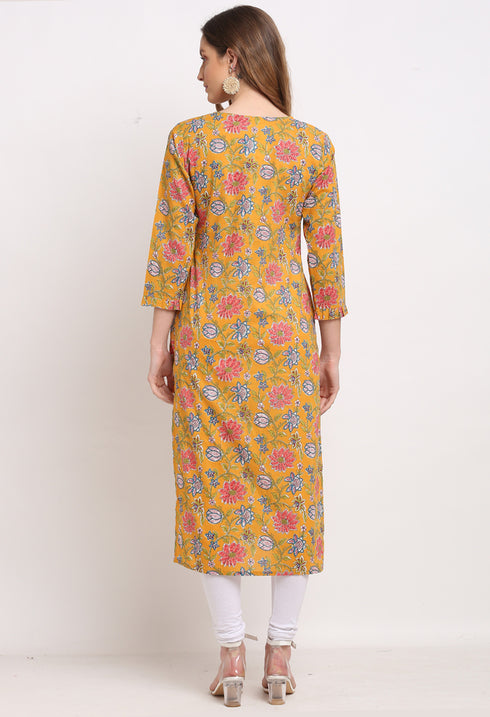 Yellow And Pink Pure Cambric Cotton Jaipuri Floral Printed Kurti