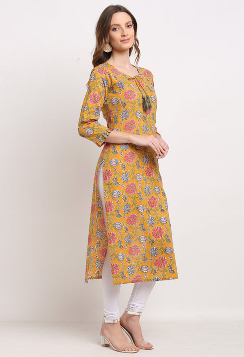 Yellow And Pink Pure Cambric Cotton Jaipuri Floral Printed Kurti