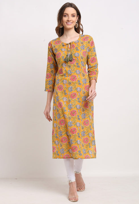 Yellow And Pink Pure Cambric Cotton Jaipuri Floral Printed Kurti