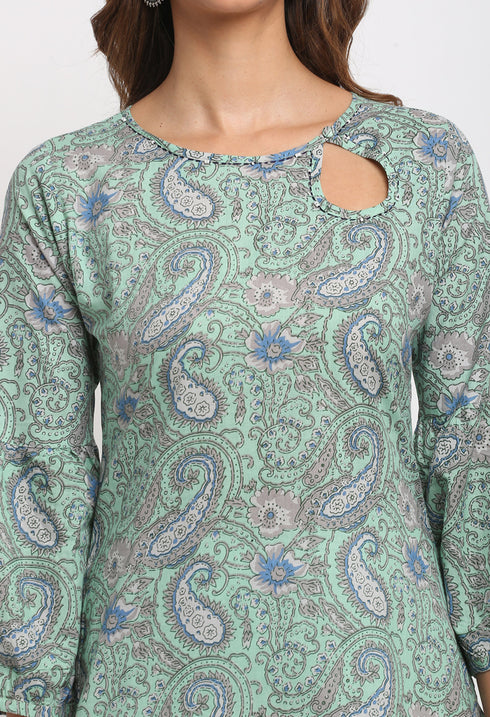 Turquoise green Pure Cambric Cotton Jaipuri Floral Printed Kurti