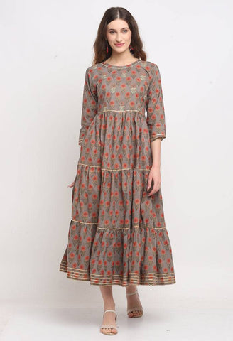 Grey And Orange Pure Cambric Cotton Jaipuri Floral Printed Kurti