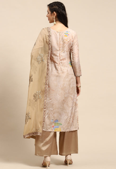 Beige Pure Muslin Embroidered Salwar Suit Material