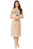 Beige And White Pure Cambric Cotton Embroidered Kurta With Pant