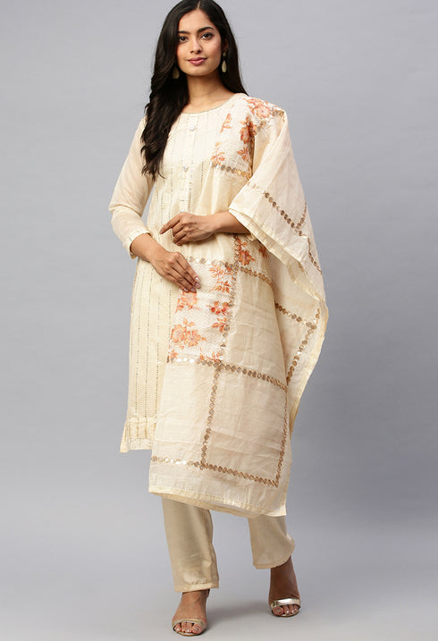 Off-White Chanderi embellished Unstitched Salwar Suit Material