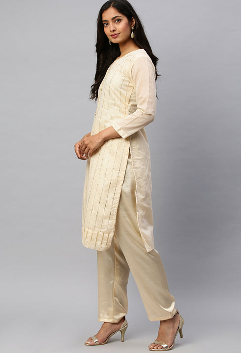 Off-White Chanderi embellished Unstitched Salwar Suit Material