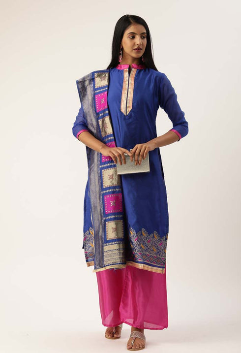 Royal Blue Heavy Silk Banarasi Weaving Work Unstitched Salwar Suit Material