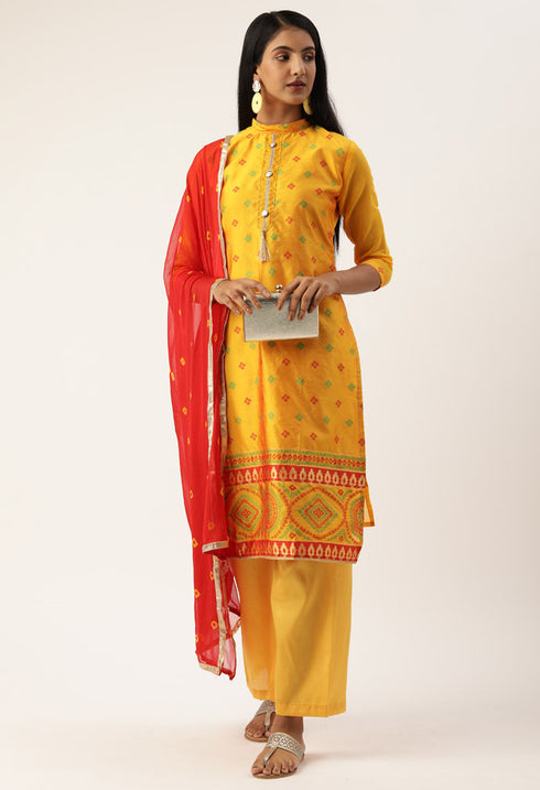 Yellow Heavy Silk Banarasi Weaving Work Unstitched Salwar Suit Material