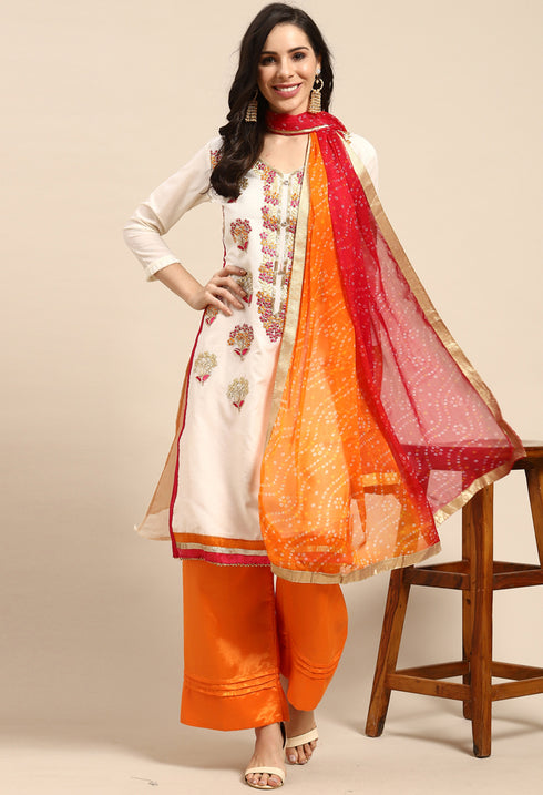Off-White Chanderi Silk Embroidered Semi-Stitched Salwar Suit Material