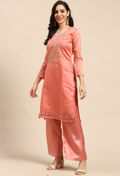 Pink Chanderi Silk Embroidered Semi-Stitched Salwar Suit Material