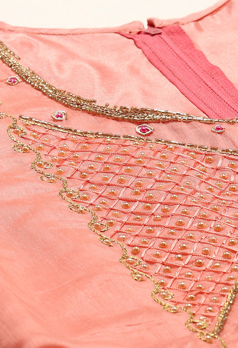 Pink Chanderi Silk Embroidered Semi-Stitched Salwar Suit Material
