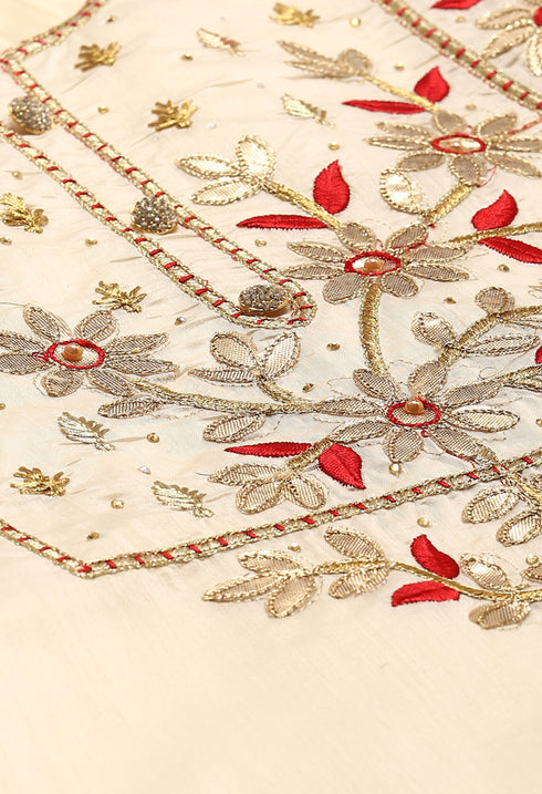 White Chanderi Silk Embellished Unstitched Salwar Suit Material