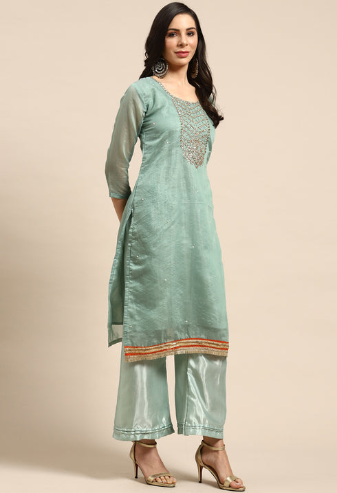 Green Chanderi Silk Embellished Unstitched Salwar Suit Material