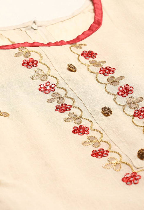 Beige And Red Chanderi Silk Embroidered Unstitched Salwar Suit Material - Rajnandini