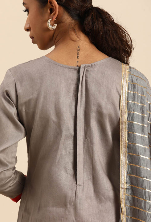 Grey Glass Cotton Embroidered Unstitched Salwar Suit Material