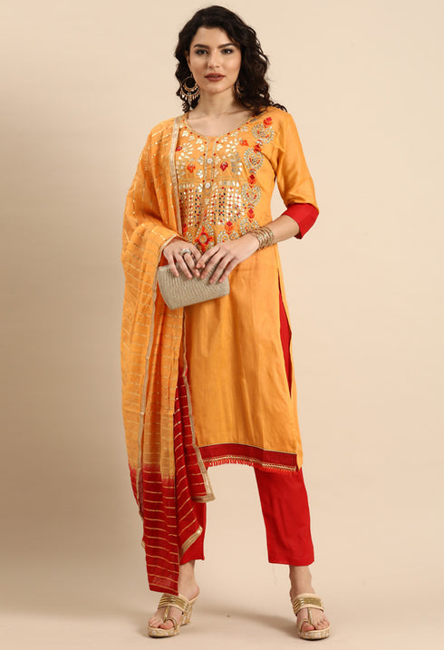 Orange Glass Cotton Embroidered Unstitched Salwar Suit Material