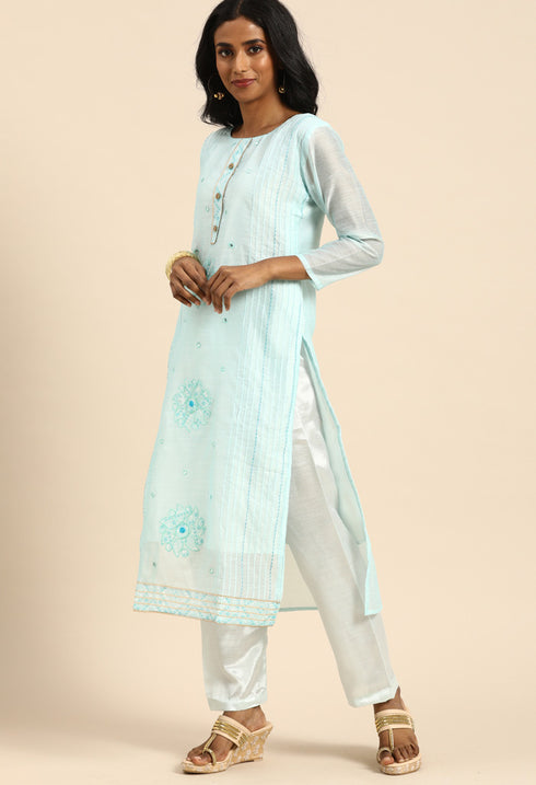 Sky Blue chanderi silk Embroidered Unstitched Salwar Suit Material
