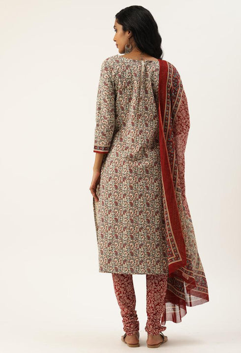 White And Maroon Pure Jaipuri Cambric Cotton Printed Unstitched Salwar Suit Material