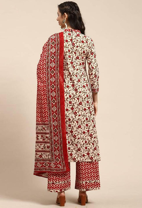 Beige Pure Cambric Cotton Printed Unstitched Salwar Suit Material