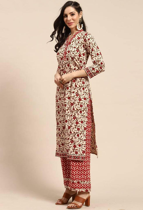 Beige Pure Cambric Cotton Printed Unstitched Salwar Suit Material