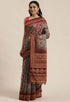 Grey & Brown Cotton Silk Kalamkari Printed Traditional Saree