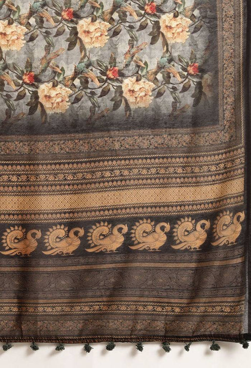 Black & Grey Cotton Silk Kalamkari Printed Traditional Saree